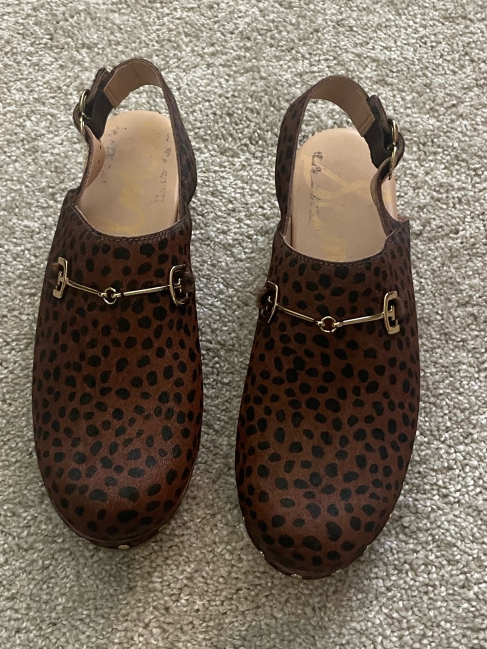 Sam Edelman Brown Leopard Faux Pony Hair Slingback Mules with Gold Bit